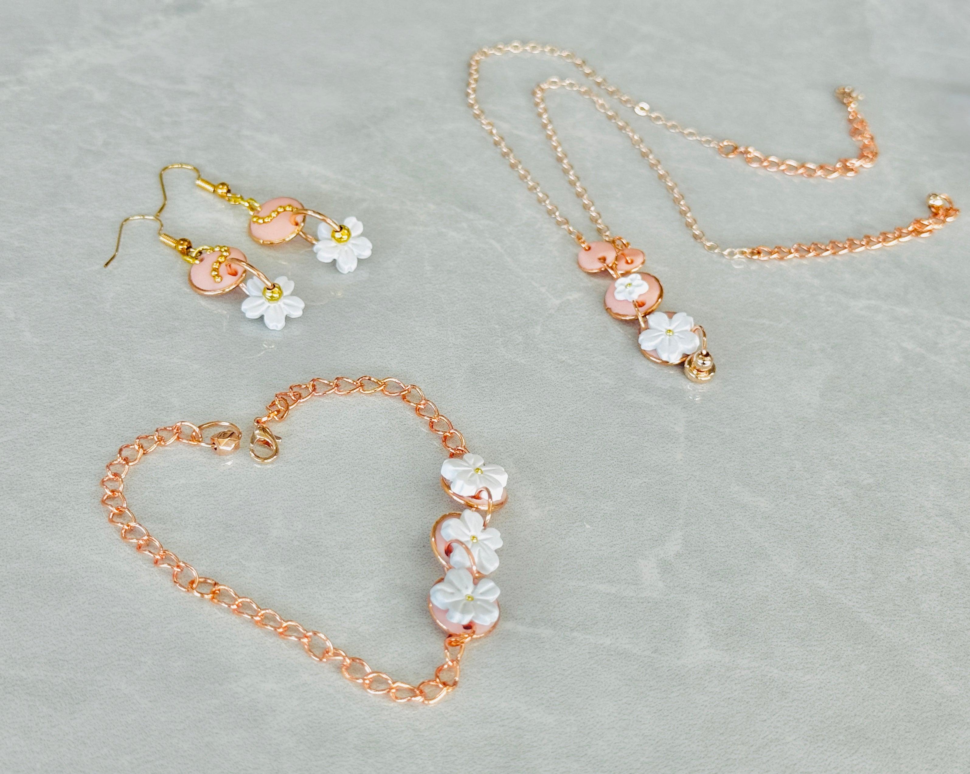 A004. White Sakura 3 piece jewellery set