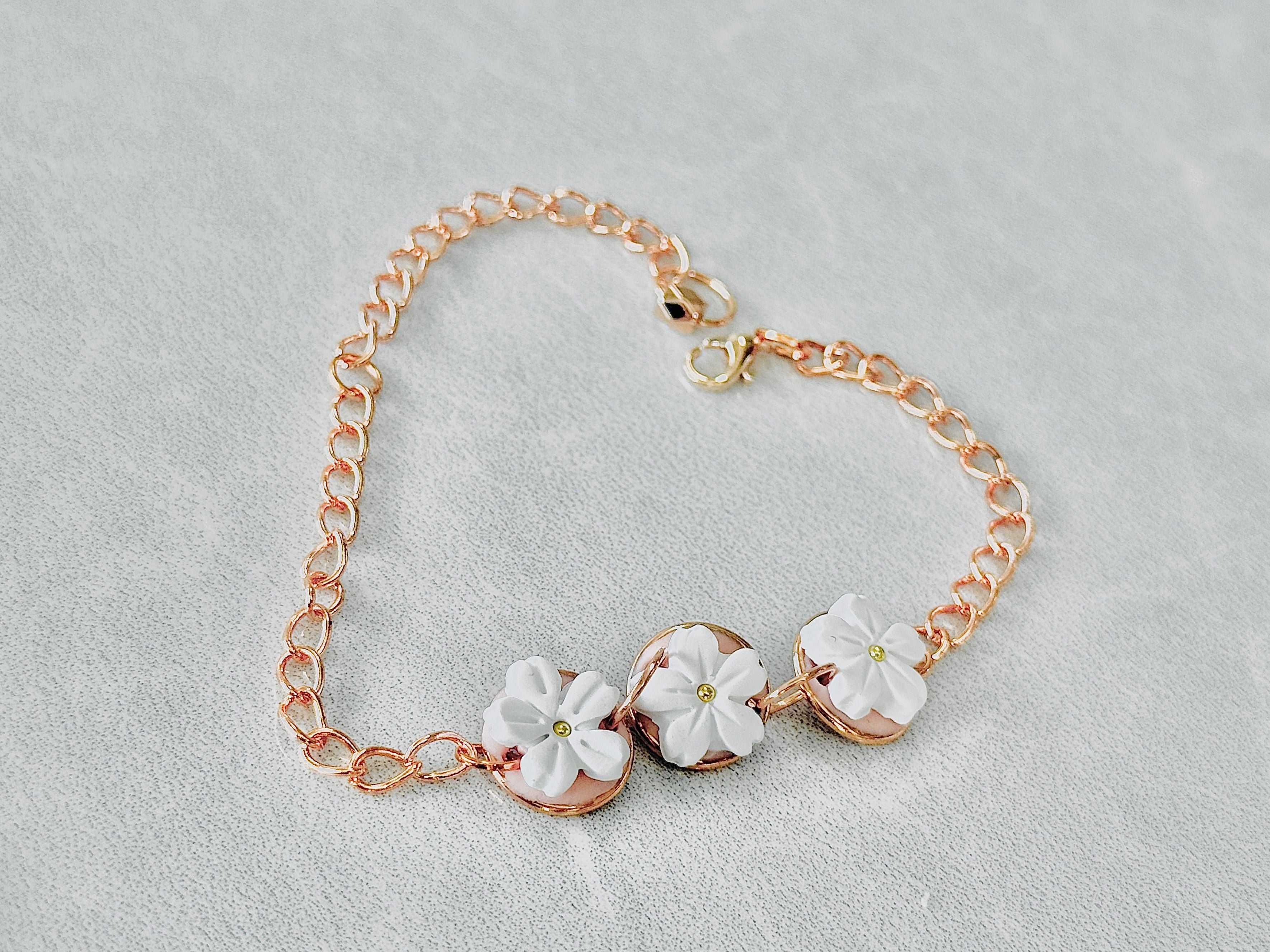 A001. White Sakura With Rose Gold Accent Bracelet