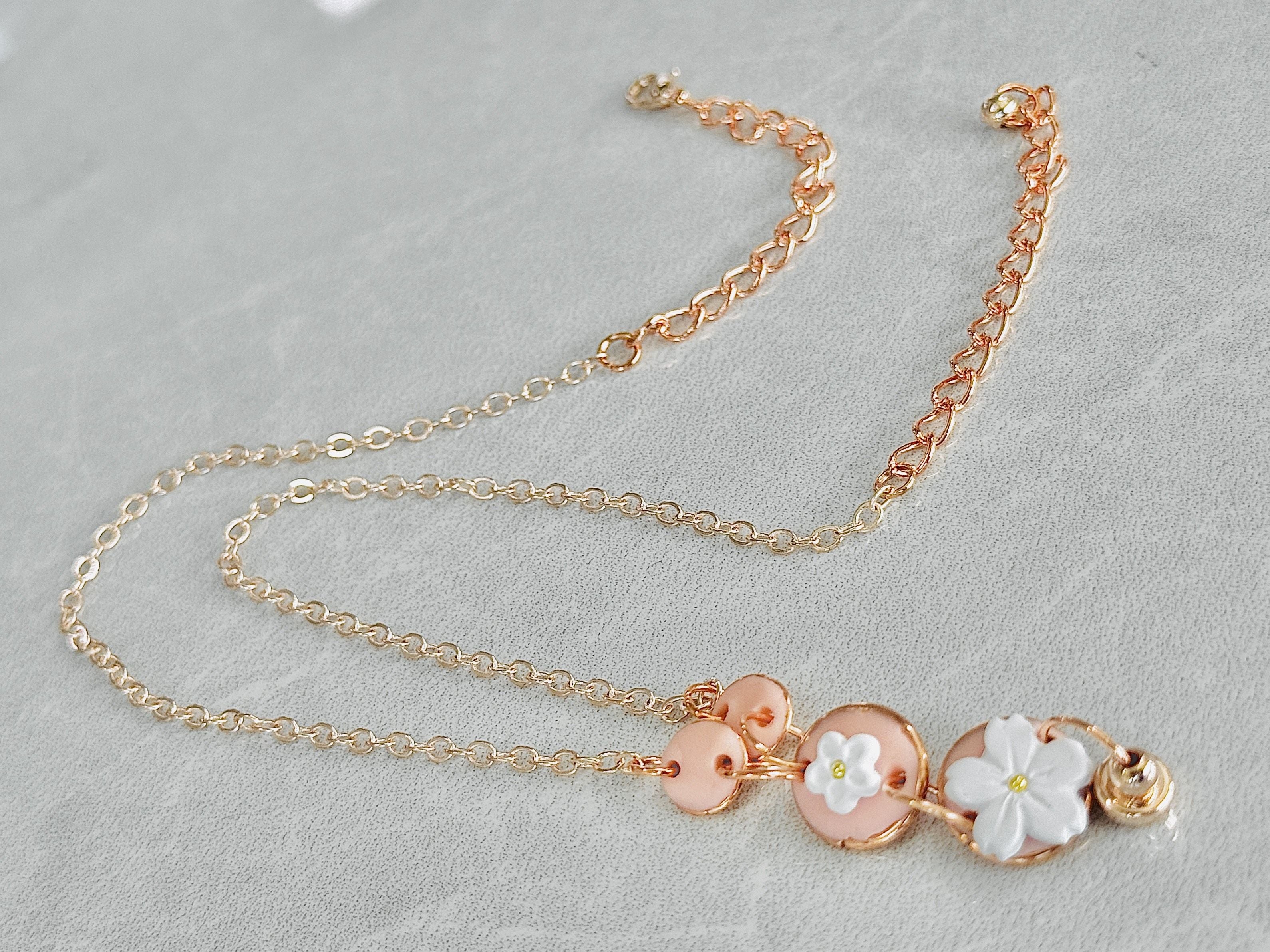 A003. White Sakura Necklace with Rose Gold Accent